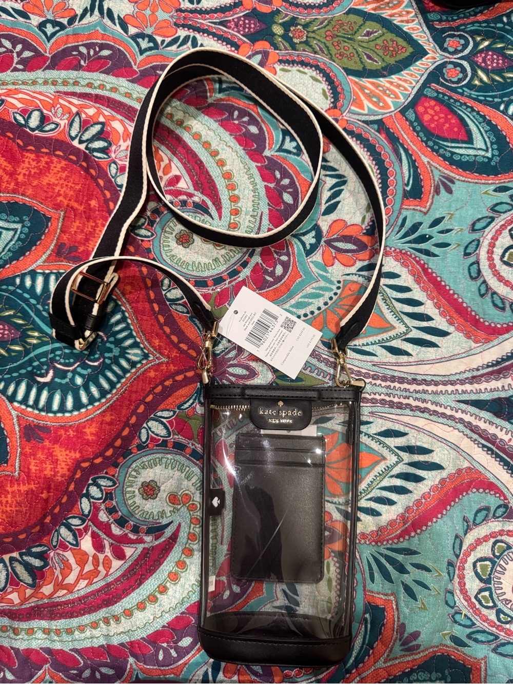 kate spade Clear Crossbody Phone Wallet with Black Trim and Striped Strap